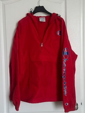 Champion Red Hooded Pullover with Sleeve Script